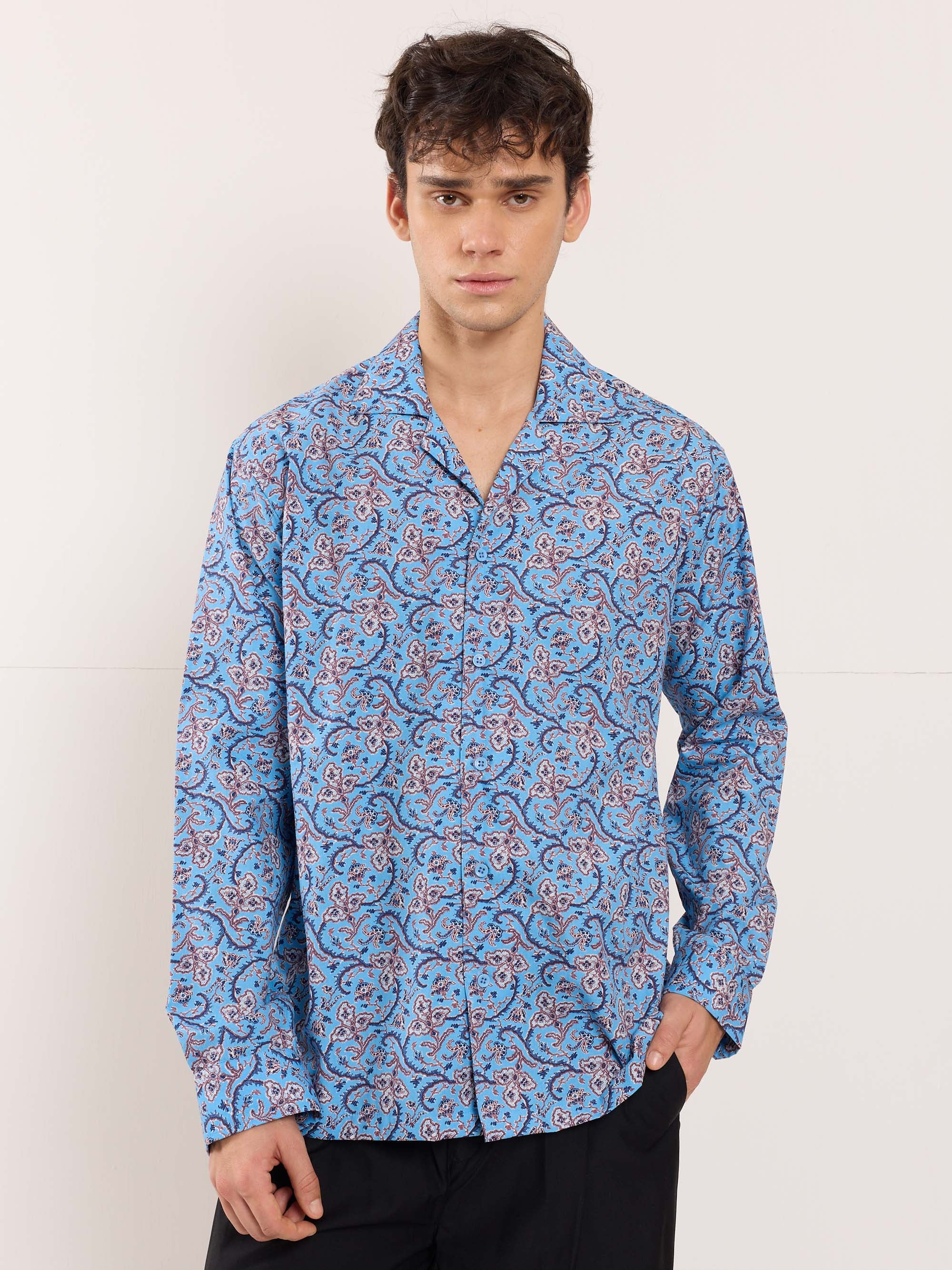 Blue Floral Vine Printed Resort Shirt