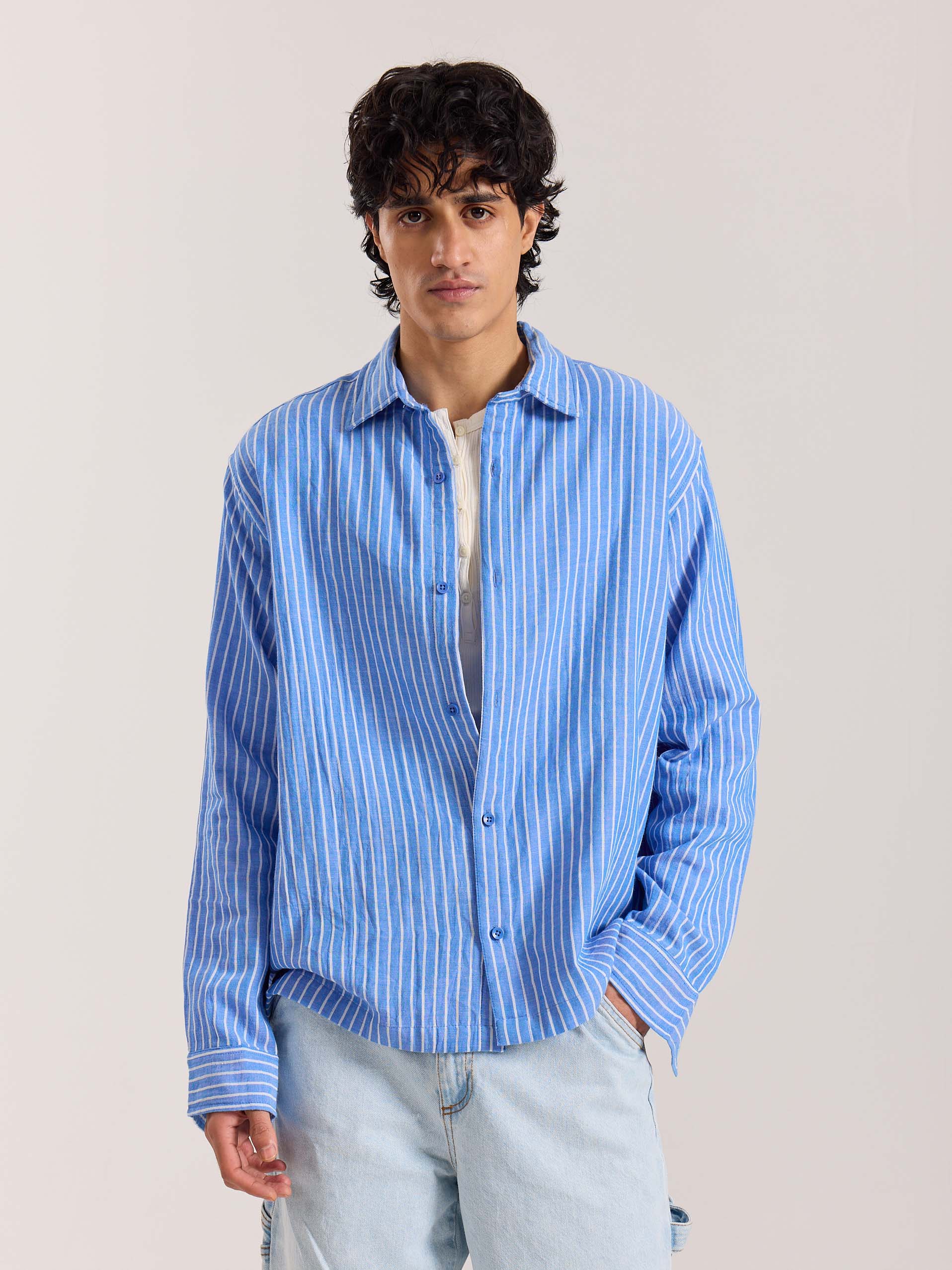 Blue Striped Gauze Holiday Shirt - Image 2