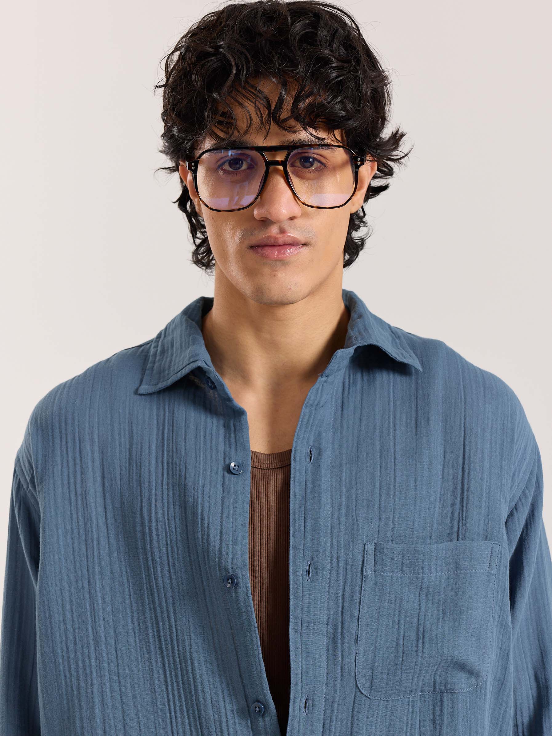 Dark Dusty Blue Gauze Holiday Shirt - Image 3