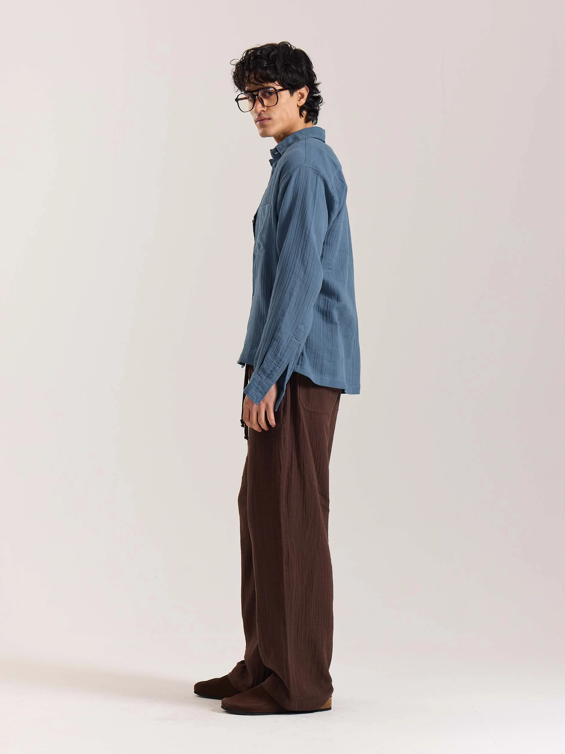 Dark Dusty Blue Gauze Holiday Shirt - Image 5