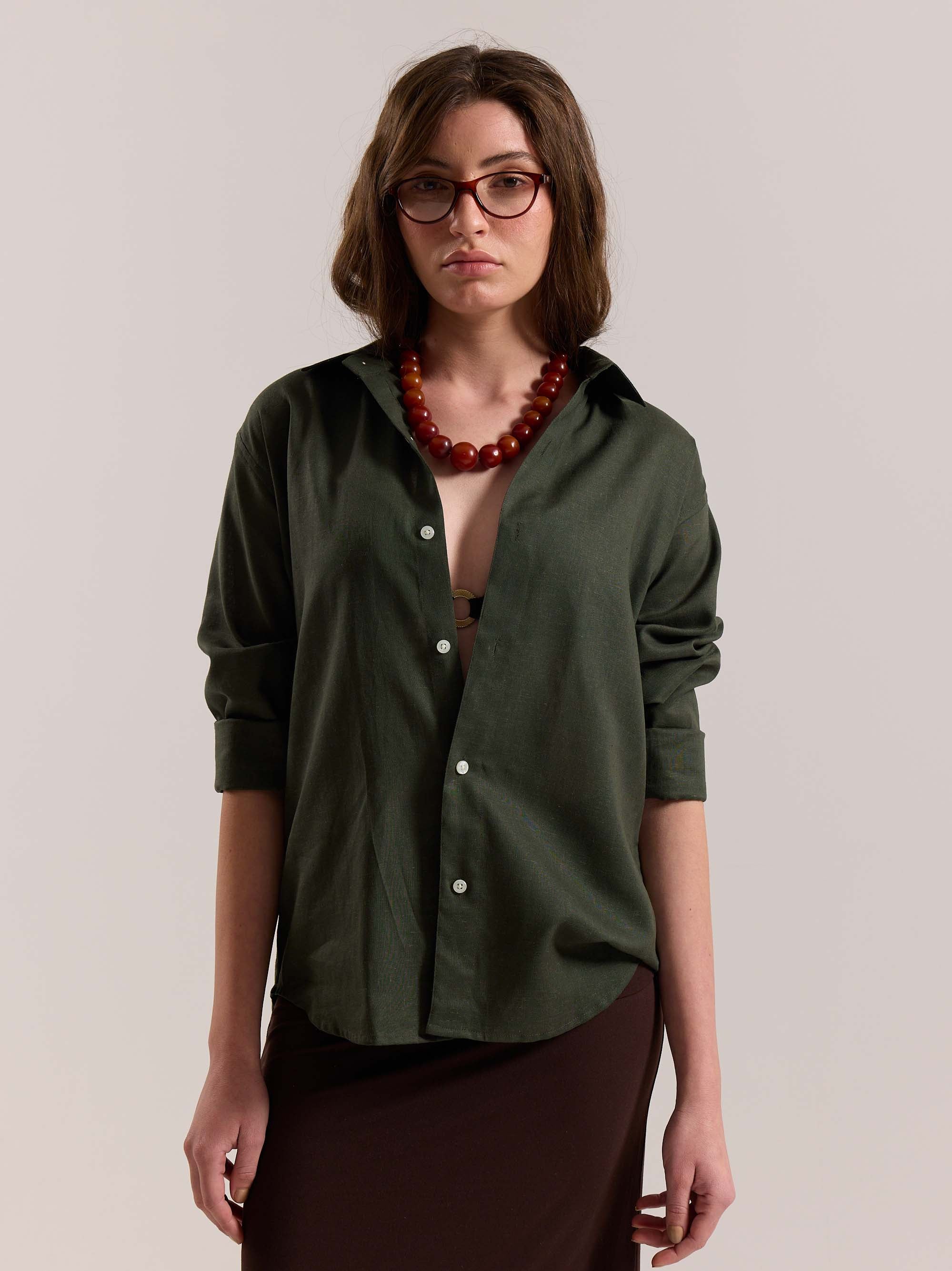 Dark Green Linen-blend Shirt - Image 4