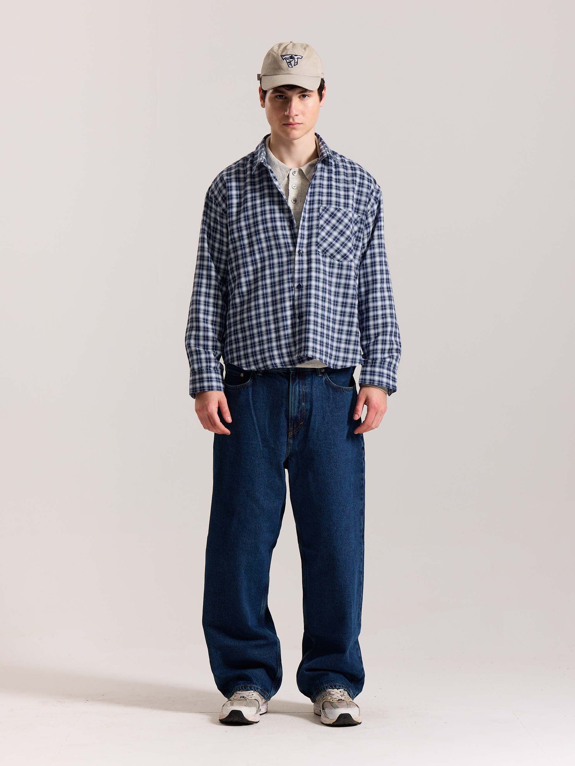 Navy Blue & White Checkered Oversized Cropped Shirt