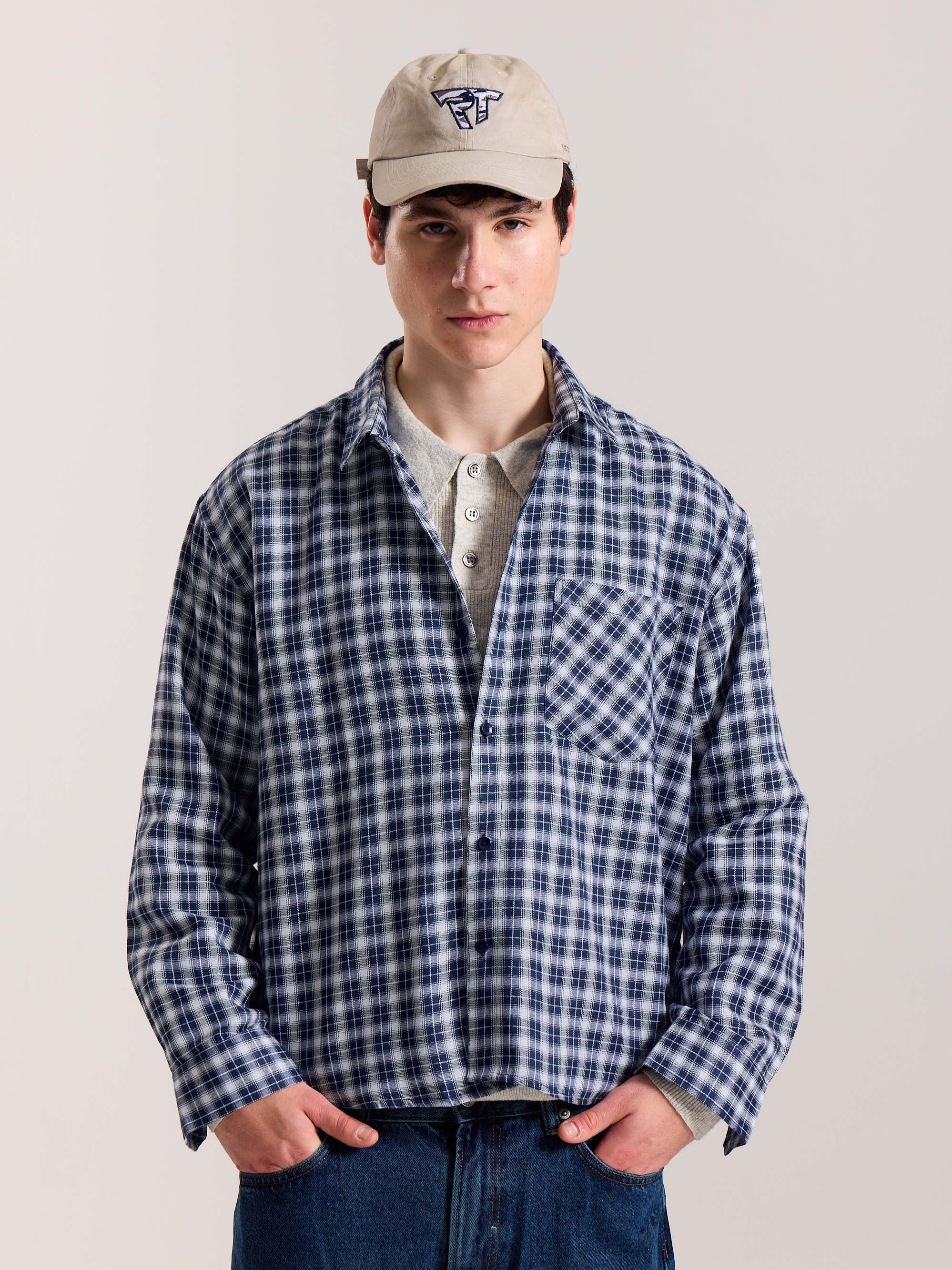 Navy Blue & White Checkered Oversized Cropped Shirt - Image 3