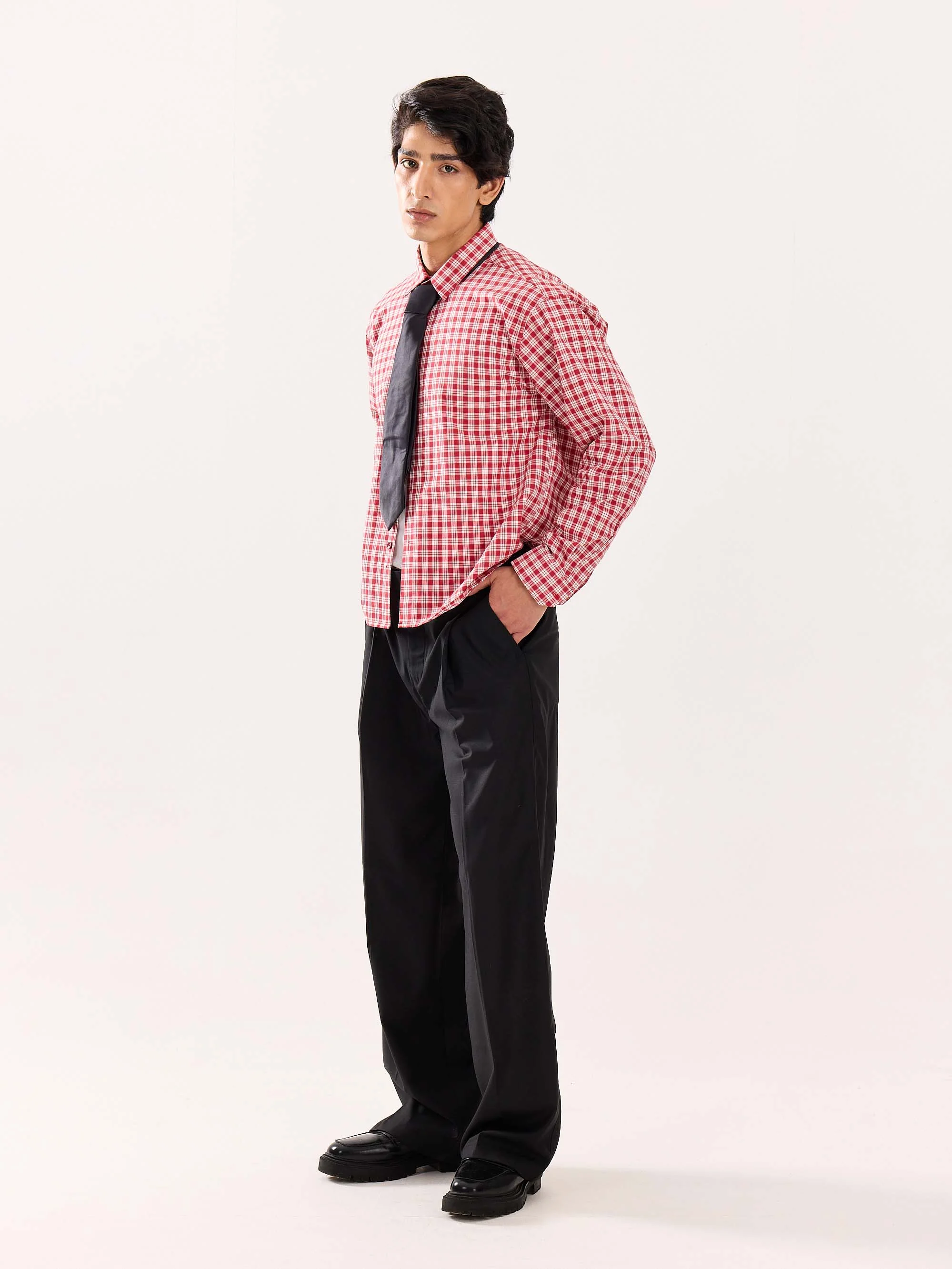 Red & White Checked Poplin Cropped Shirt - Image 7