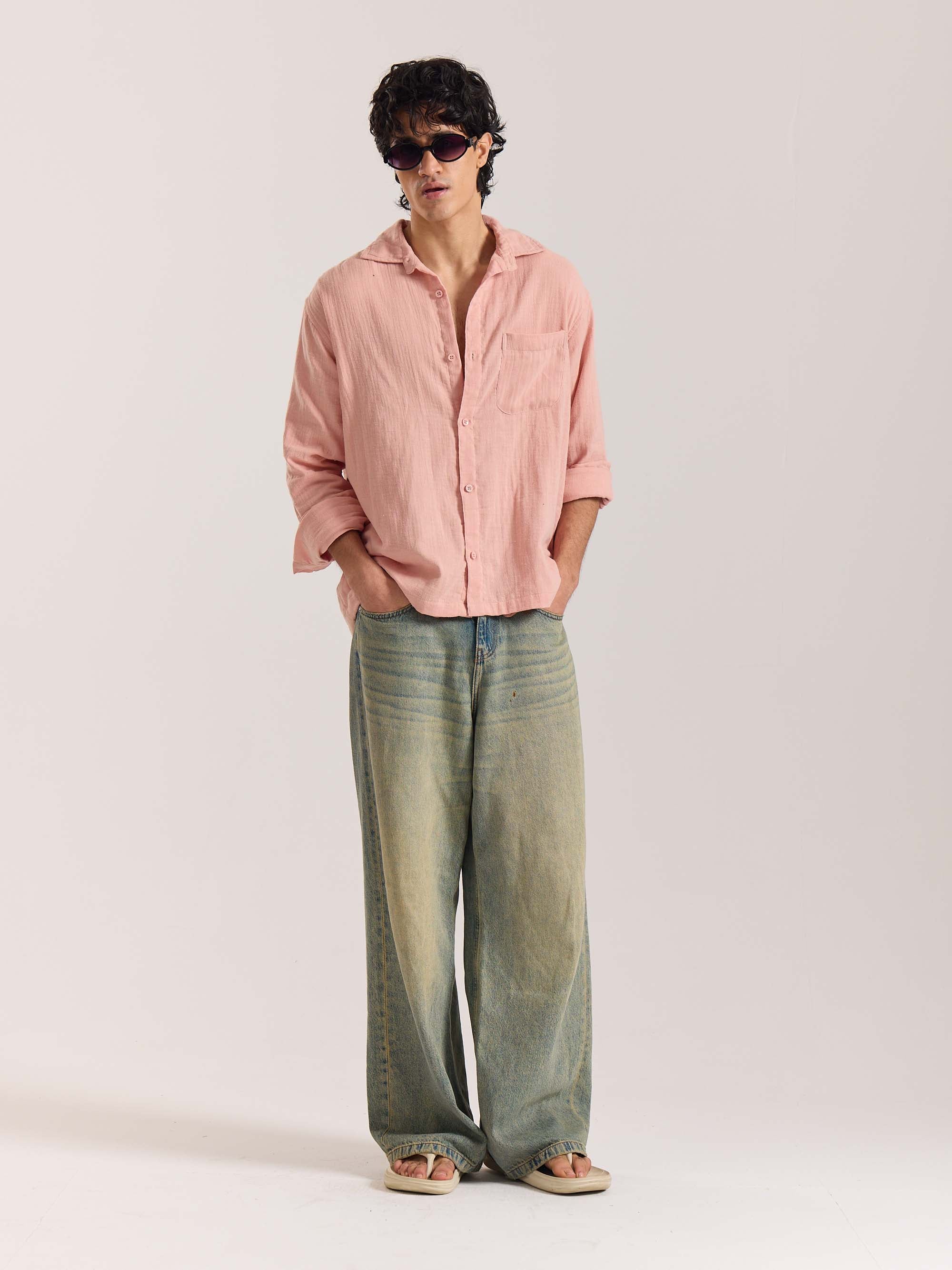 Salmon Pink Gauze Holiday Shirt - Image 4