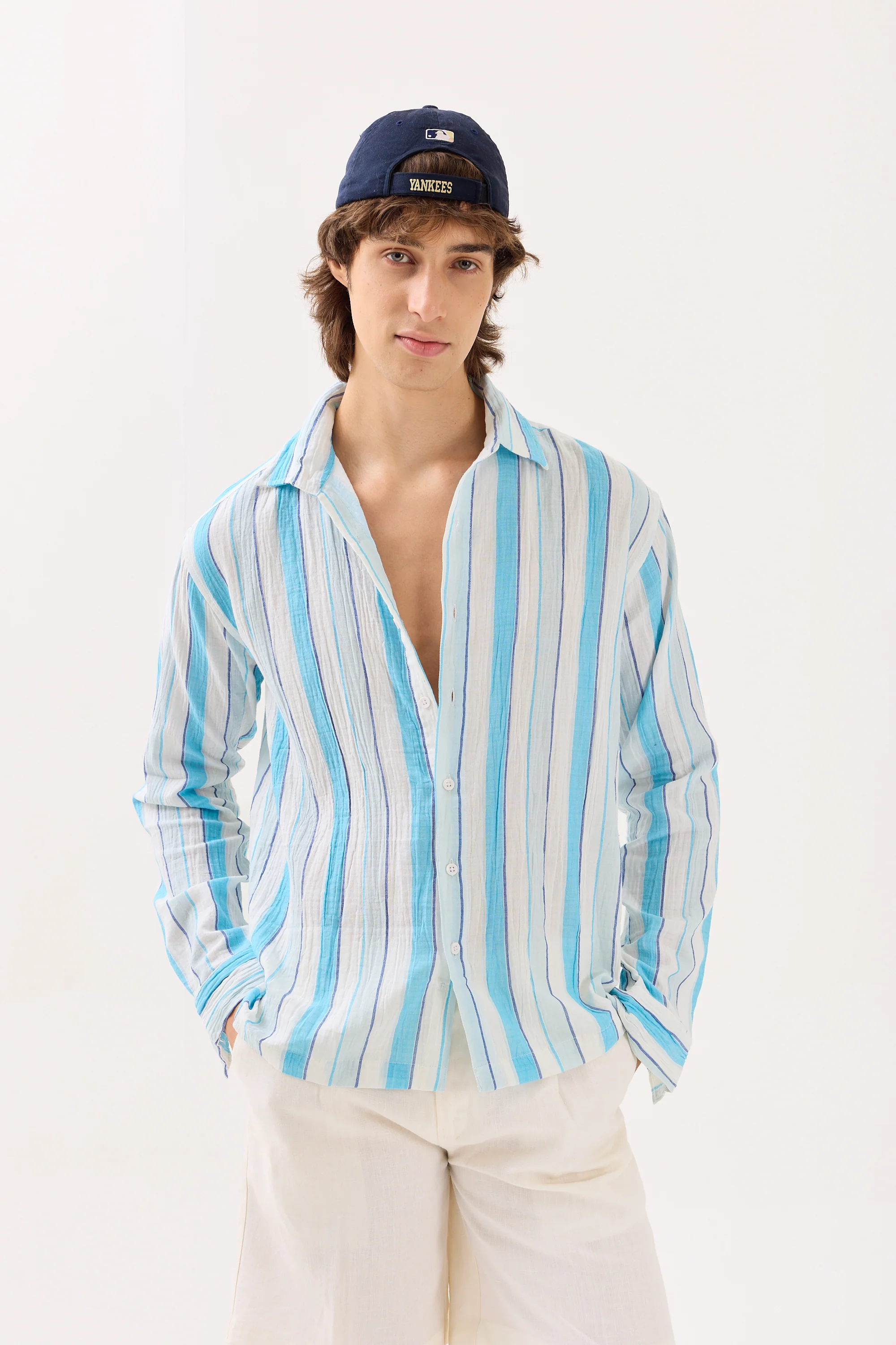 Sky Blue Striped Gauze Holiday Shirt - Image 2