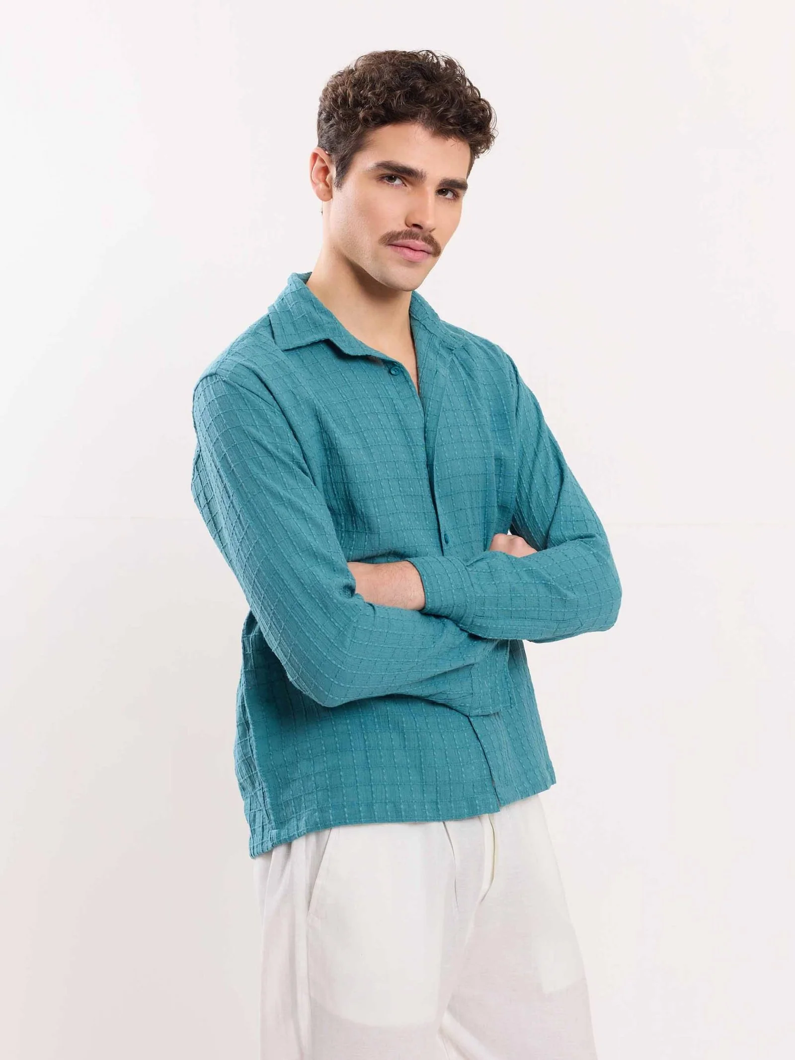 Teal Blue Textured Holiday Shirt - Image 4