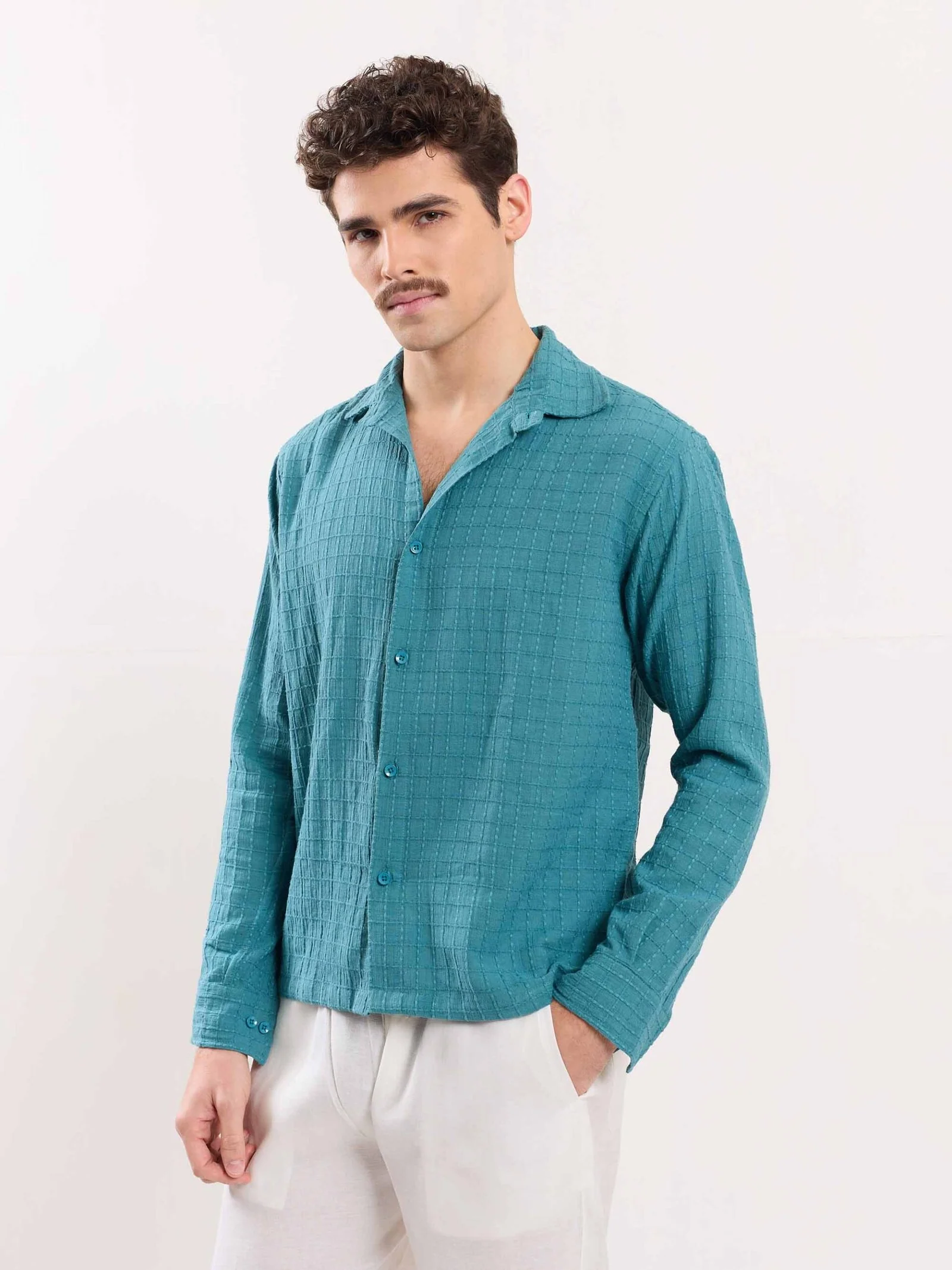 Teal Blue Textured Holiday Shirt - Image 5