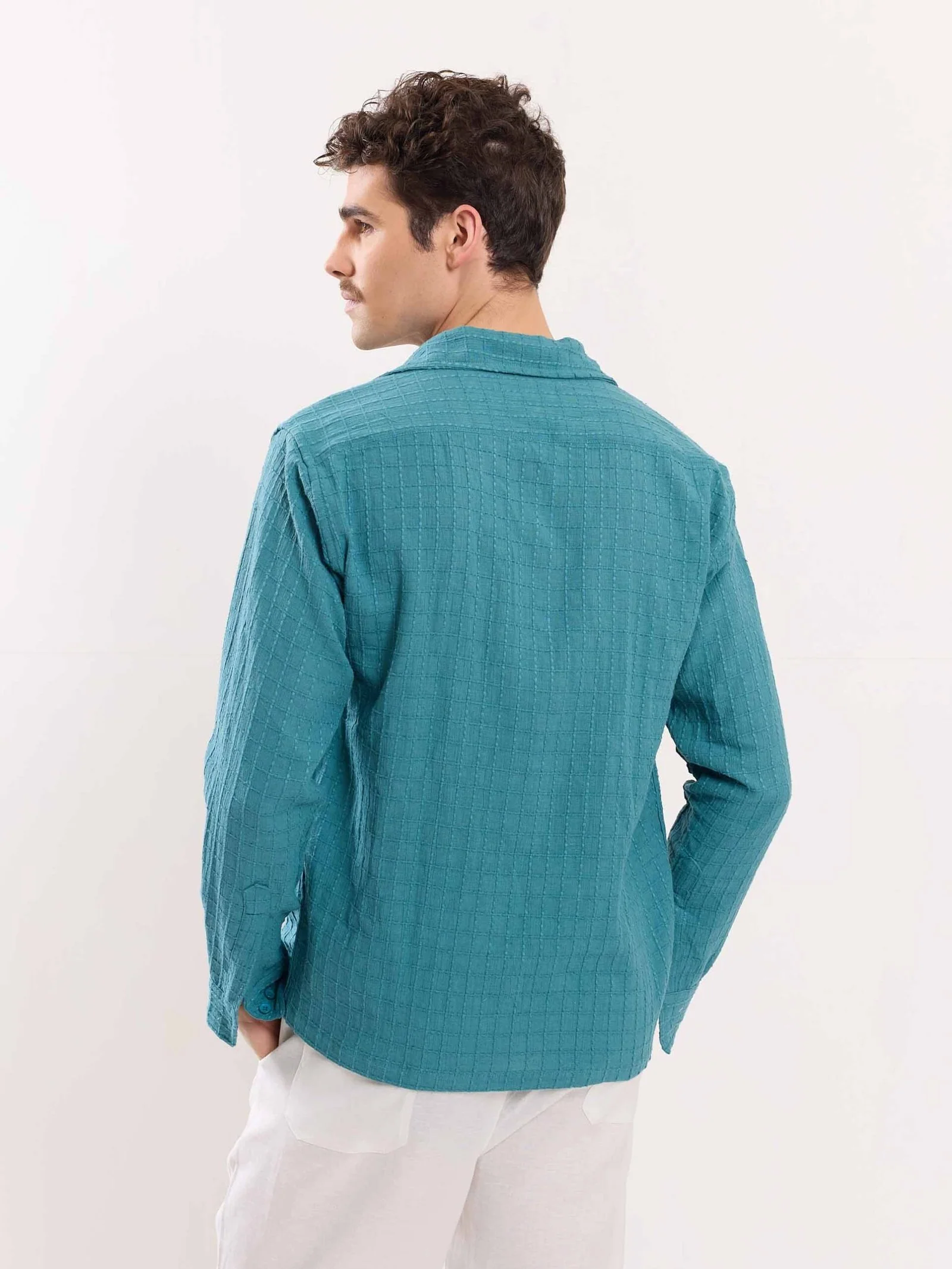 Teal Blue Textured Holiday Shirt - Image 6